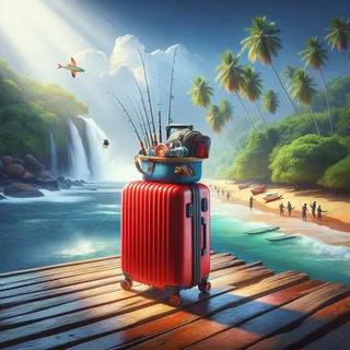 Изображение (не иллюстрация) только в очень реалистичном кинематографическом стиле. На изображении должен присутстовать красный туристический чемодан на колесиках. На изображении не должно быть людей.. Тема изображения: Рыбалка на Шри-Ланке 2024.777