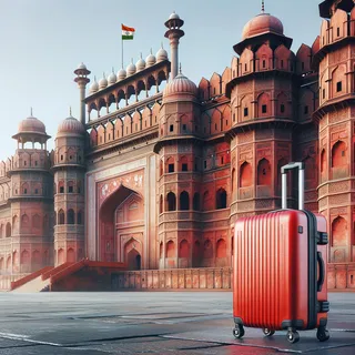 Фоном виден величественный Красный форт с его массивными стенами, перед ними стоит красный туристический чемодан на колесиках. Четкие детали архитектуры и текстур созданы в гиперреалистическом стиле.