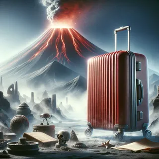 Изображение (не иллюстрация) только в очень реалистичном кинематографическом стиле. На изображении должен присутстовать красный туристический чемодан на колесиках. На изображении не должно быть людей.. Тема изображения: Таинственные вулканы Индии: Мифы, история и современные факты