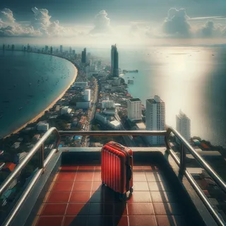 Панорамный вид с высоты башни на море и город Паттайя с красным туристическим чемоданом на краю смотровой площадки, кинематографический стиль