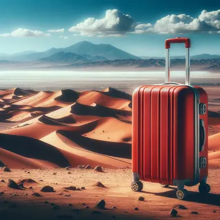 Красный чемодан на колесиках стоит на фоне пустынных пейзажей Марокко, где виднеются величественные дюны под ярким голубым небом