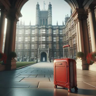 Изображение (не иллюстрация) только в очень реалистичном кинематографическом стиле. На изображении должен присутстовать красный туристический чемодан на колесиках. На изображении не должно быть людей.. Тема изображения: Величие Президентского дворца: История и архитектура Раштрапати-Бхаван