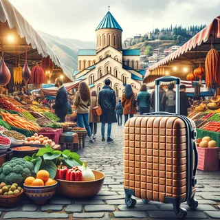 Туристический чемодан на колесиках стоит на фоне грузинского рынка с яркими овощами и специями, изысканные местные блюда на заднем плане