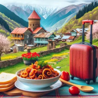 Чаша с чувственным и ароматным грузинским блюдом Чакапули на столе рядом с красным туристическим чемоданом на колесиках, на заднем плане традиционный сельский дом в горах Грузии с весенними цветами вокруг