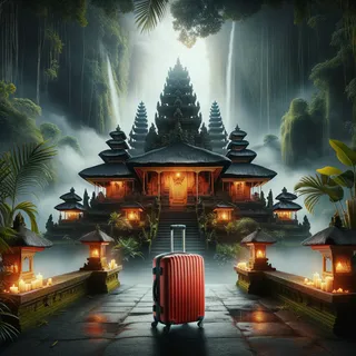 Максимально реалистичное изображение, красный туристический чемодан на фоне величественного храма Бали, мистическая атмосфера, светящиеся свечи и лампы, зелёная тропическая растительность.