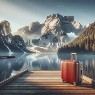 величественная гора и озеро с красным туристическим чемоданом на переднем плане, в реалистичном кинематографическом стиле, без людей