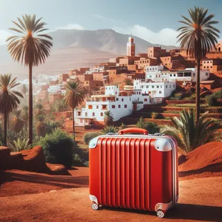 Красный чемодан на фоне марокканского пейзажа с белыми домами и пальмами