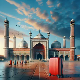 Реалистичное изображение Джама Масджид на фоне голубого неба и красного туристического чемодана на колесиках