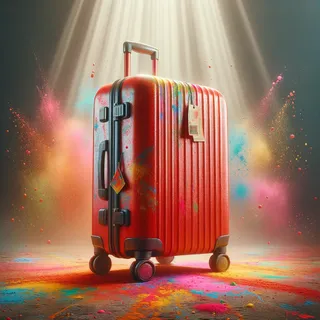 Изображение (не иллюстрация) только в очень реалистичном кинематографическом стиле. На изображении должен присутстовать красный туристический чемодан на колесиках. На изображении не должно быть людей.. Тема изображения: Фестиваль Холи: Яркие краски индийской традиции