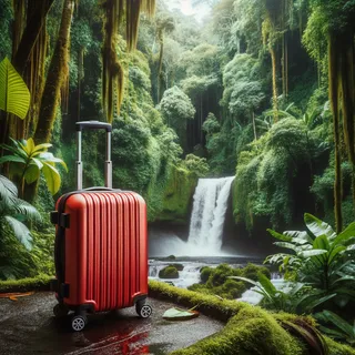 На фоне тропического леса Бали раскинулся красный туристический чемодан на колесиках, рядом с бурлящим водопадом и яркой зелёной растительностью.