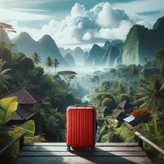 На фоне экзотического пейзажа Бали, яркий красный чемодан среди зелени и бесподобной природы в кинематографическом стиле