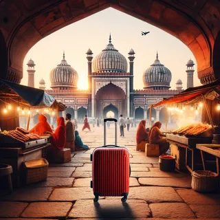Рынок в Старом Дели с красным чемоданом на колесиках, на фоне жареной еды и куполов древних храмов, без людей вокруг