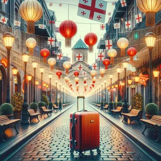 Туристическая улица в Тбилиси, украшенная к праздничному фестивалю, красный чемодан на колесиках среди растяжек из ярких огней, бумажных фонариков и флагов Грузии, без людей, в очень реалистичном кинематографическом стиле