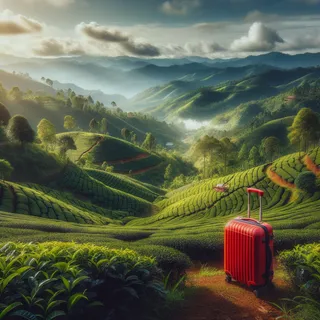 Чайные плантации среди горных пейзажей Северного Таиланда, в центре внимания красный туристический чемодан на колесиках