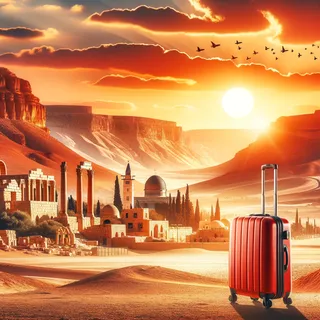 Израильские достопримечательности на фоне заката, пустынный пейзаж с Красным туристическим чемоданом