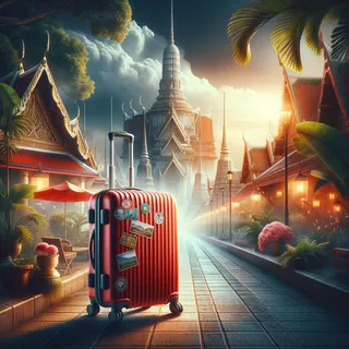Изображение (не иллюстрация) только в очень реалистичном кинематографическом стиле. На изображении должен присутстовать красный туристический чемодан на колесиках. На изображении не должно быть людей.. Тема изображения: Таиланд: что нужно знать перед поездкой