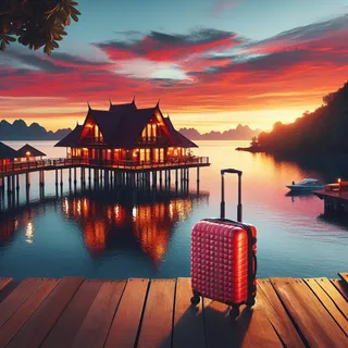 Туристическая вилла на воде с видом на закат, на переднем плане стоит красный чемодан на колесиках, закатные оттенки отражаются на воде и создают волшебную атмосферу