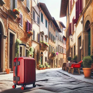 Итальянская улочка в современном стиле с красным туристическим чемоданом на колесиках