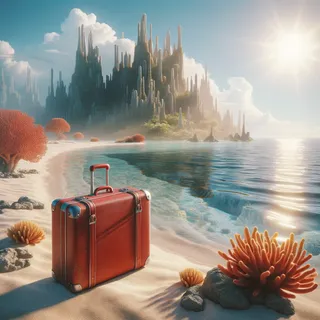 Реалистичное изображение красного туристического чемодана на песчаном пляже у воды, рифовые структуры на заднем плане