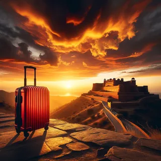Туристический форт на горизонте с красным чемоданом на колесиках перед захватывающим закатом
