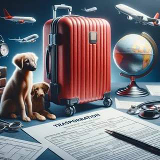 Создайте изображение в стиле максимального гиперреализма, с акцентом на детальность и четкость. На картинке должен быть красный туристический чемодан на колесиках, рядом с документами для перевозки животных, без людей.