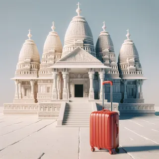Кинематографическое изображение храмов парсов из белого мрамора с красным туристическим чемоданом на колесиках перед ними, без людей, в реалистичном стиле, ясный день