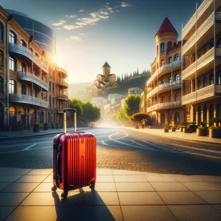 Ранний утренний свет, яркий красный туристический чемодан стоит на проспекте Руставели, окружающие здания в характерном тбилисском стиле с элементами современной архитектуры, фоном виднеется Тбилисский ботанический сад