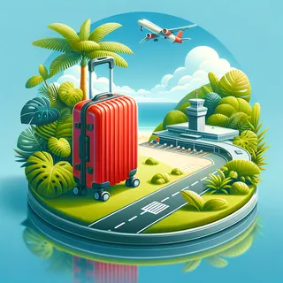 Изображение аэропорта, окруженного тропической зеленью и голубым небом, с красным туристическим чемоданом на колесиках