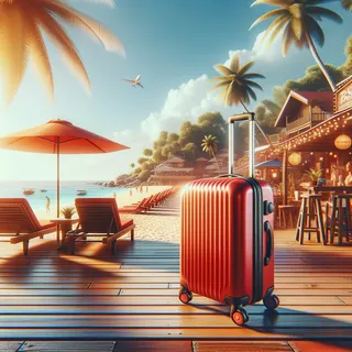 Изображение (не иллюстрация) только в очень реалистичном кинематографическом стиле. На изображении должен присутстовать красный туристический чемодан на колесиках. На изображении не должно быть людей.. Тема изображения: ЛУЧШИЕ ПЛЯЖНЫЕ КЛУБЫ острова Пхукет.