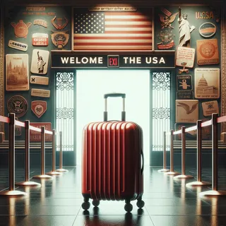 Изображение (не иллюстрация) только в очень реалистичном кинематографическом стиле. На изображении должен присутстовать красный туристический чемодан на колесиках. На изображении не должно быть людей.. Тема изображения: Обновленные правила въезда в США для туристов из России 2025