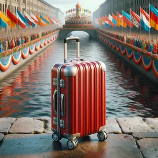 Изображение красного туристического чемодана на колесиках напротив реки, в центре праздничного шествия, на заднем плане множество разноцветных флагов, гиперреализм