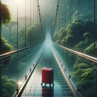 Очень реалистичный кинематографический стиль стеклянного моста на фоне природы с красным туристическим чемоданом на колесиках