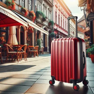 Реалистическая фотография красного туристического чемодана на колесиках, стоящего на тротуаре старой улицы Нови-Сада, с фоном из уютных кафе и магазинов