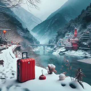 Ришикеш зимой, красный туристический чемодан