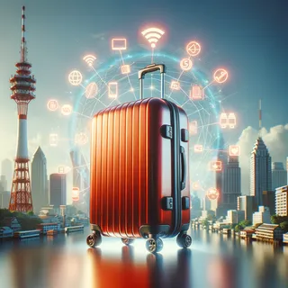 Изображение (не иллюстрация) только в очень реалистичном кинематографическом стиле. На изображении должен присутстовать красный туристический чемодан на колесиках. На изображении не должно быть людей.. Тема изображения: Мобильная связь и интернет в Бангкоке — операторы, тарифы, как подключить, советы для туристов