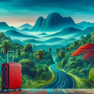 Кинематографский стиль, Национальный парк Перияр, тропический лес, окружающие горы Западные Гаты, дорога, ведущая к парку, красный туристический чемодан на колесиках на переднем плане