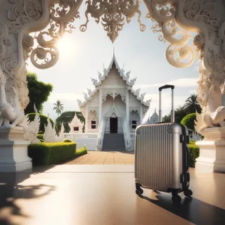 Чемодан на колесиках у входа в белый храм на фоне голубого неба и зелёной растительности
