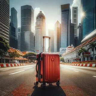 Красный туристический чемодан на колесах, стоящий на залитой солнцем улице Сингапура, с небоскребами на заднем плане