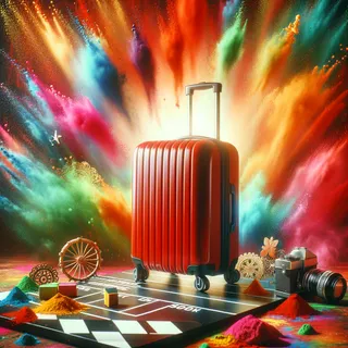 Кинематографическое изображение красного туристического чемодана на колесах на фоне красочных холийских красок