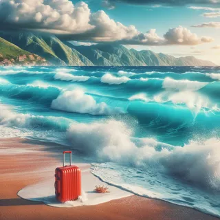 Изображение живописного пляжа с бирюзовой водой, мощными волнами и красным туристическим чемоданом на песчаном берегу