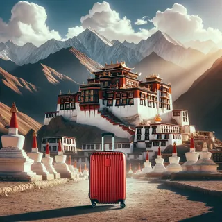 Буддийский монастырь Хемис на фоне величественных гор с ярким красным чемоданом на переднем плане в очень реалистичном кинематографическом стиле