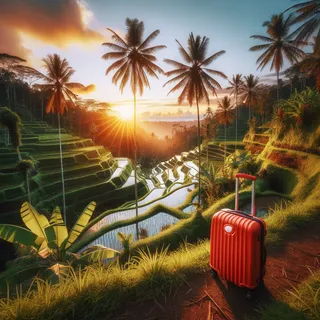 Закат над рисовыми террасами Тегаллаланг на Бали, окруженный пышной тропической растительностью, с красным туристическим чемоданом на колесиках среди пальм 
