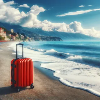 Фотография черноморского побережья Грузии с видом на пляж, синие морские волны и красный туристический чемодан на колёсиках на песке