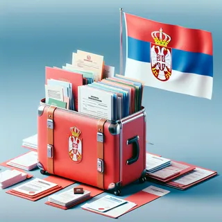 Справка для получения ВНЖ представляет собой один из ключевых документов, которые могут понадобиться при оформлении вида на жительство в Сербии. Красный чемодан на платформе заполненной бумагами и справками. На фоне сербский флаг