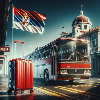 Кинематографический стиль, автобусная станция с туристическим автобусом на колёсах перед Зренянином, сербский флаг в небе, красный туристический чемодан на колесиках