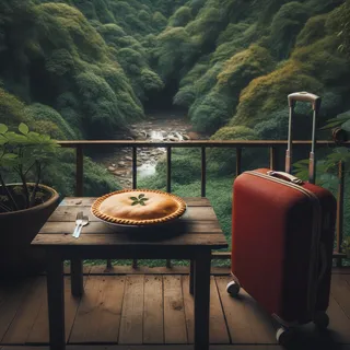 Фотография пирога на грузинском деревянном столе, рядом с ним красный туристический чемодан на колесиках, пышная зелень вокруг, кинематографический стиль, без людей