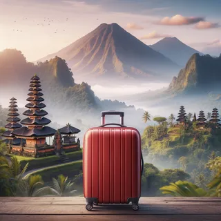 Максимально гиперреалистичное изображение красного туристического чемодана на фоне потрясающих балийских пейзажей, с величественными горными вершинами и древними храмами на заднем плане.