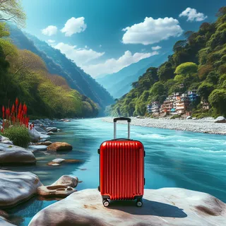 Весенний пейзаж в Ришикеше с красным туристическим чемоданом на фоне Гангской реки