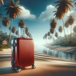 Кинематографический стиль, очень реалистичное изображение красного туристического чемодана на колесиках на фоне пляжа с пальмами и ясным голубым небом