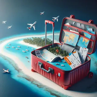 Изображение (не иллюстрация) только в очень реалистичном кинематографическом стиле. На изображении должен присутстовать красный туристический чемодан на колесиках. На изображении не должно быть людей.. Тема изображения: Стоимость отдыха на Мальдивах: как спланировать бюджетное путешествие